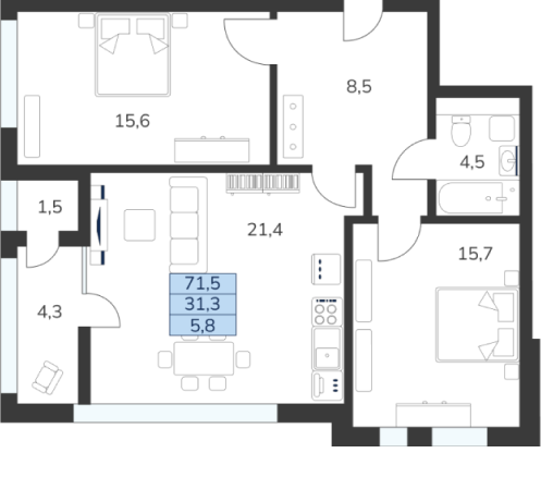 2-комнатная, площадь 71,5 м2